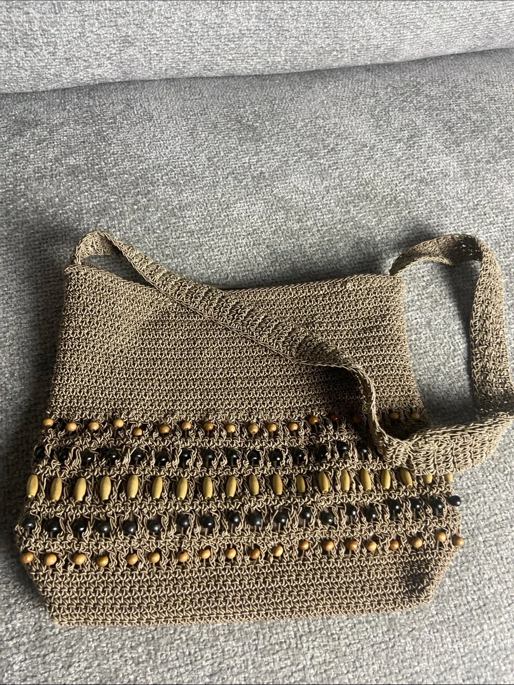 Handwoven Brown Crochet Crossbody Bag with Bead Accents